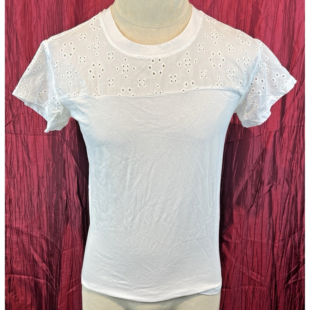 Womens Time and Tru White Cotton Jersey  SS V-Neck T-Shirt w Embroidery sz Sm